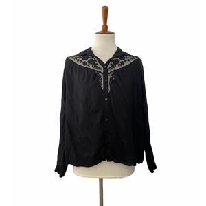 Zara Womens Floral Embroidered Button Up Shirt Long Sleeve Black XS